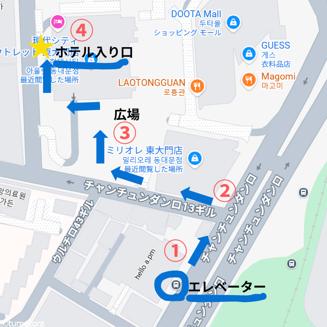 ホテル スカイパーク キングスタウン 東大門のエレベーターを降りてからの行き方