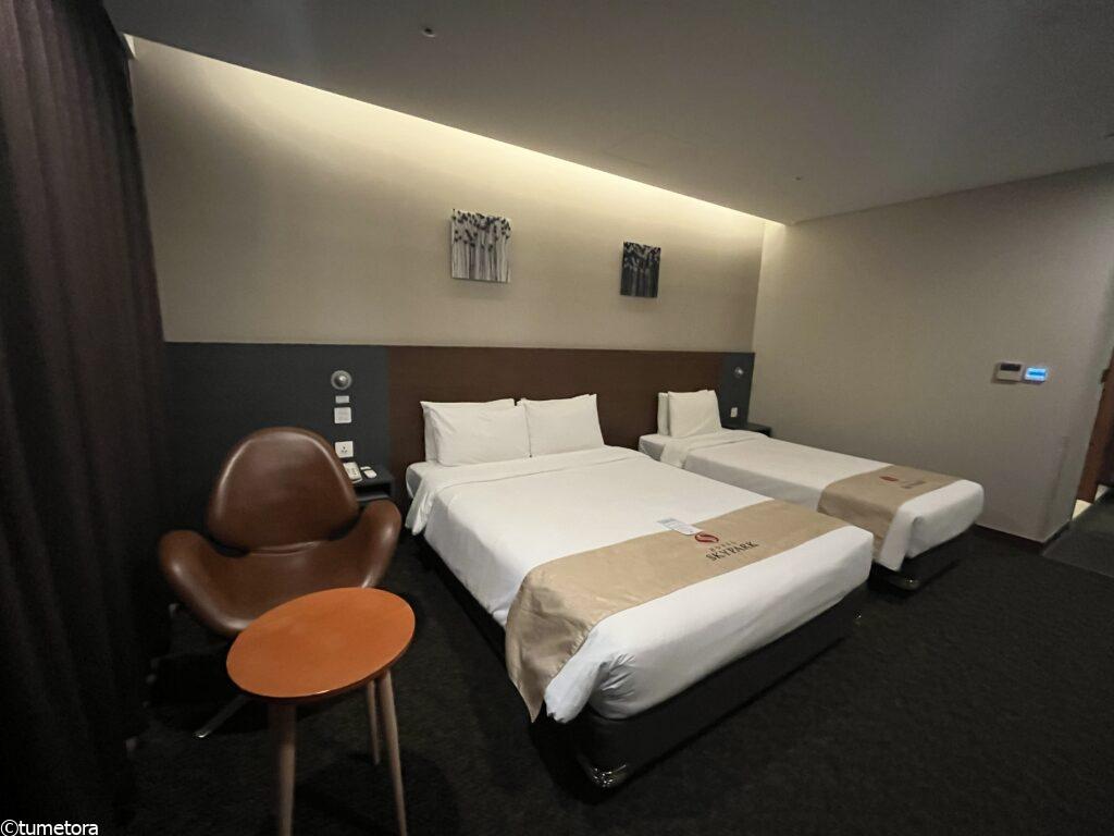 ホテル スカイパーク キングスタウンのデラックスツインのベットとイスの様子