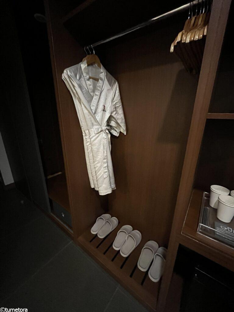 ホテル スカイパーク キングスタウンのデラックスツインのスリッパとガウン