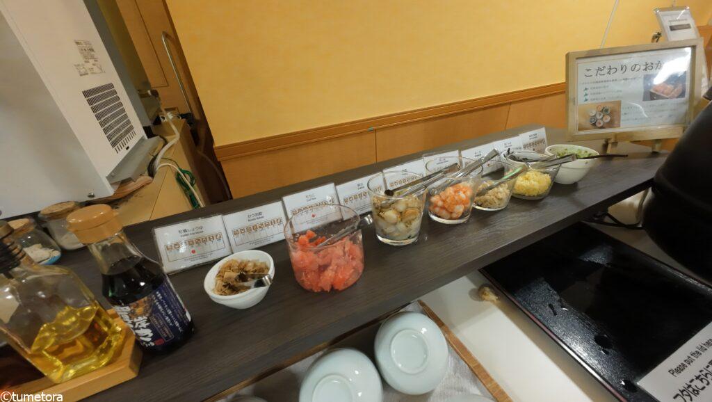 休暇村支笏湖の朝ビュッフェのご飯のお供のコーナー1